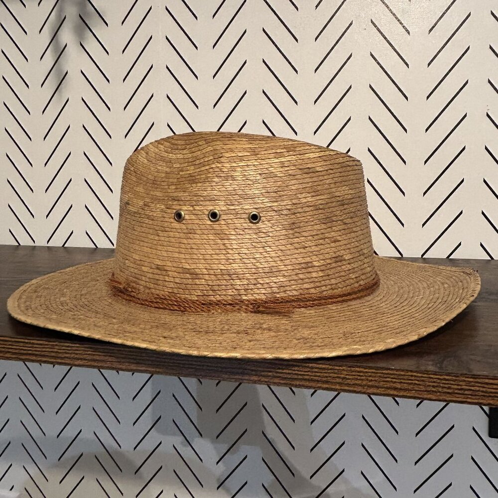 Vintage Sahuayo Mexican Palm Straw Hat Wide Brim Ventilated Crown Sun Beach - Picture 11 of 11